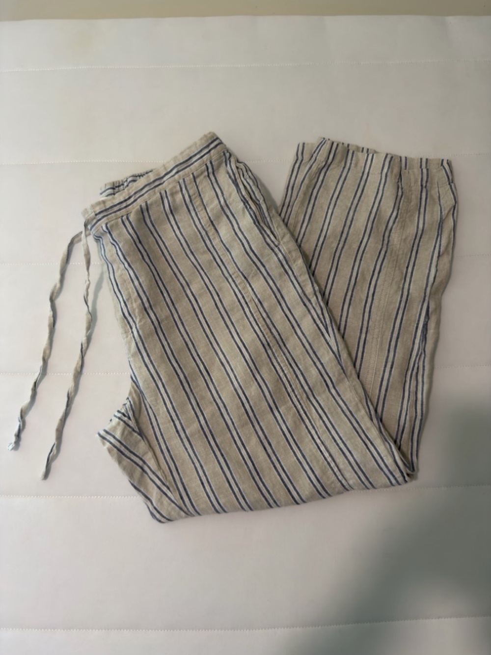Coldwater Creek Biege Blue Striped 100% Linen Summer Beachy Pants Women M